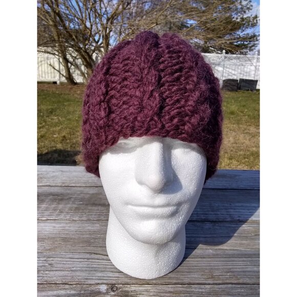Womens Chunky Alpaca Beanie Skully Hat Handmade Knit Unisex Burgundy Men Red M/L - Picture 2 of 9